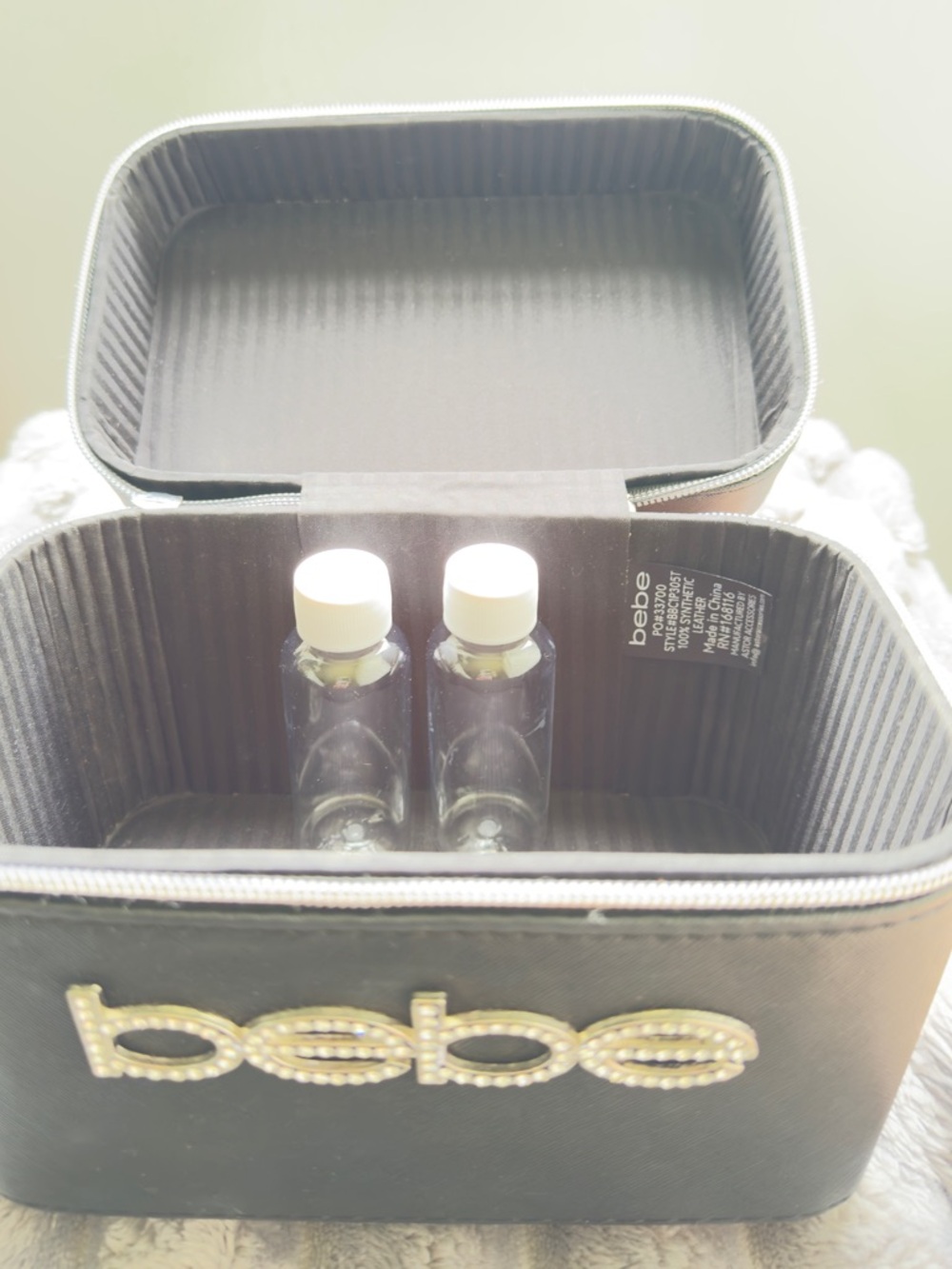 Black “Bebe” Bling Rhinestone Logo Hard Shell Makeup Case with Top Handle - Picture 3 of 9